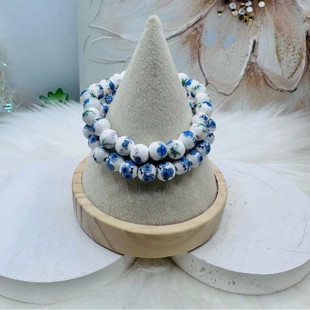 Chinese-Style Ceramic Flower Blue Beaded Bracelet Bundle